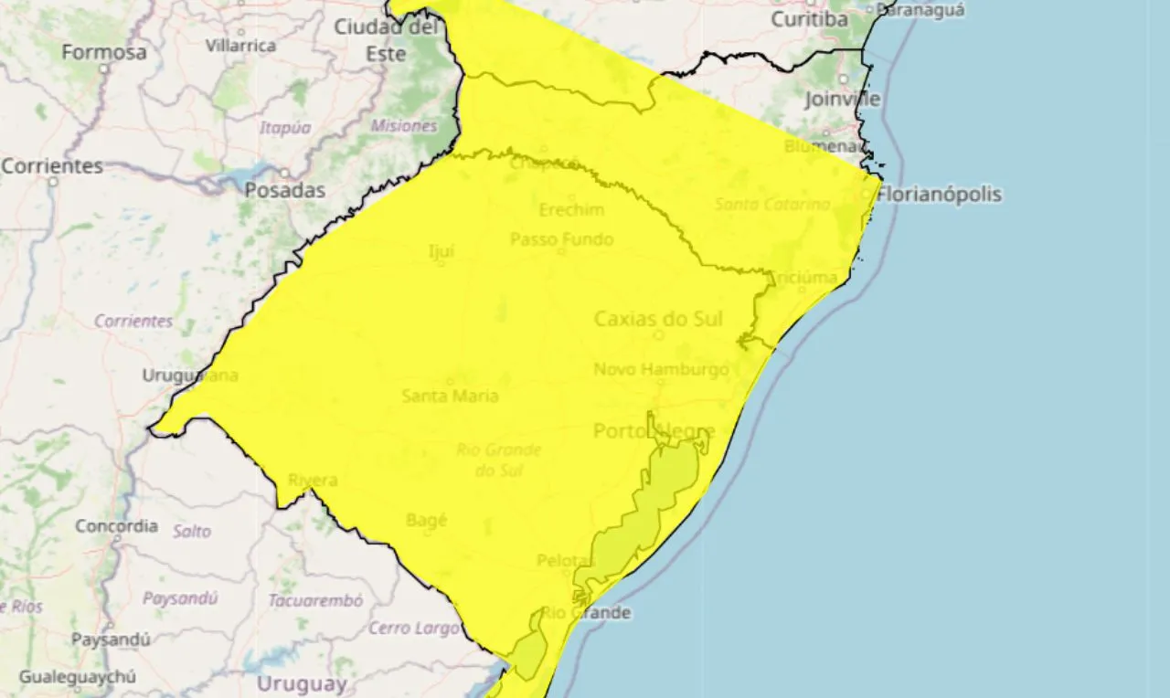 O mapa mostra as &aacute;reas em alerta amarelo para queda de temperatura